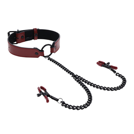 Saffron Collar w/Chain Nipple Clamps - Bondage Blindfolds & Restraints