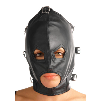 Asylum Leather Hood with Removable Blindfold and Muzzle