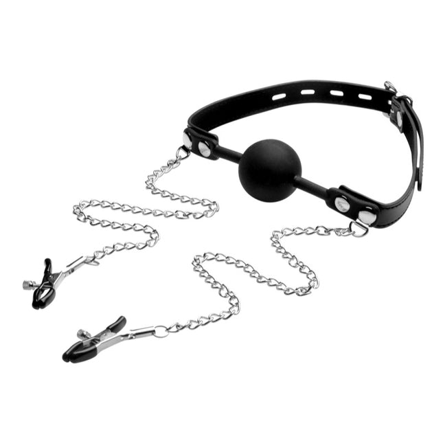 Silicone Ball Gag with Nipple Clamps - BDSM Gear