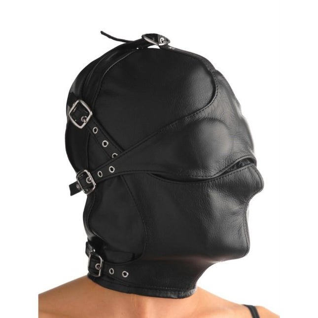Asylum Leather Hood with Removable Blindfold and Muzzle - BDSM Gear