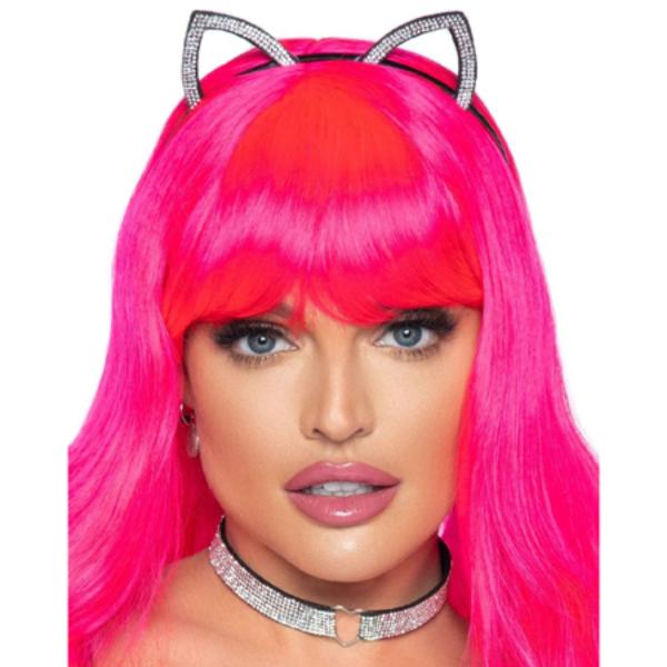 Rhinestone Kitty Heart Choker and Cat Ear Headband Set - Fetishwear and Lingerie