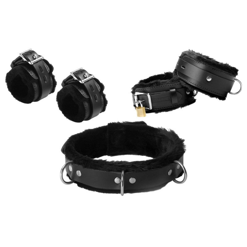 Fur Lined Cuffs and Collar Leather Bondage Essentials Kit - BDSM Gear