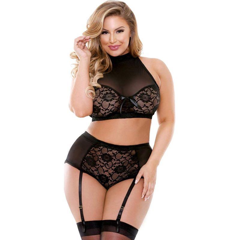 Curve Katia Two Piece Halter Bra Top With Matching Gartered Panty Black 1X-2X - Fetishwear and Lingerie