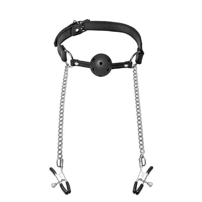 Hinder Breathable Silicone Ball Gag with Nipple Clamps - BDSM Gear