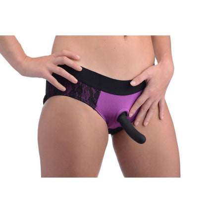 Lace Envy Lace Crotchless Panty Harness and Dildo Set - Black/Purple - L/XL - Sex Toys