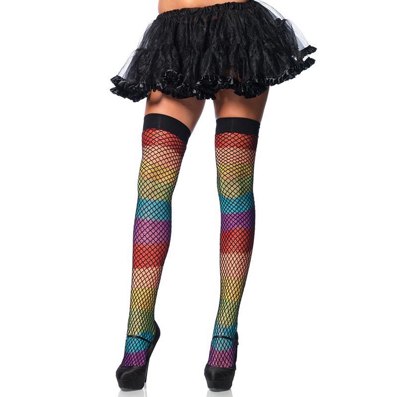 Rainbow Thigh Highs with Fishnet Overlay - One Size - Fetishwear and Lingerie