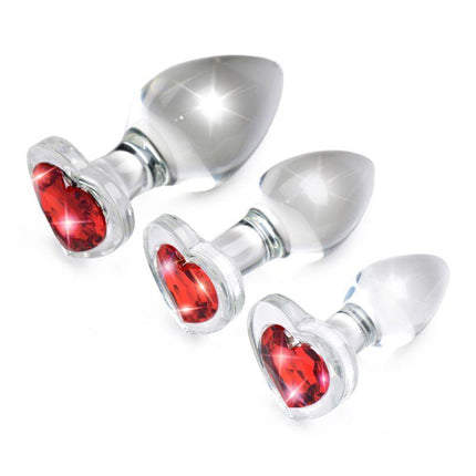 Red Heart Gem Glass Anal Plug Set - Sex Toys