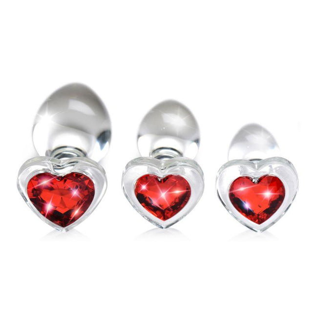 Red Heart Gem Glass Anal Plug Set - Sex Toys