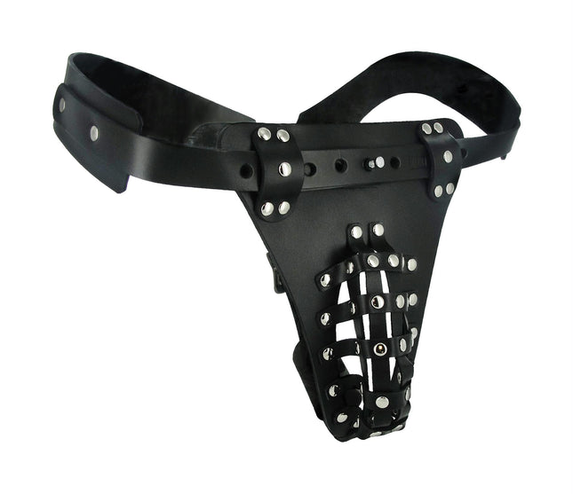 The Safety Net Leather Male Chastity Belt with Anal Plug Harness - BDSM Gear