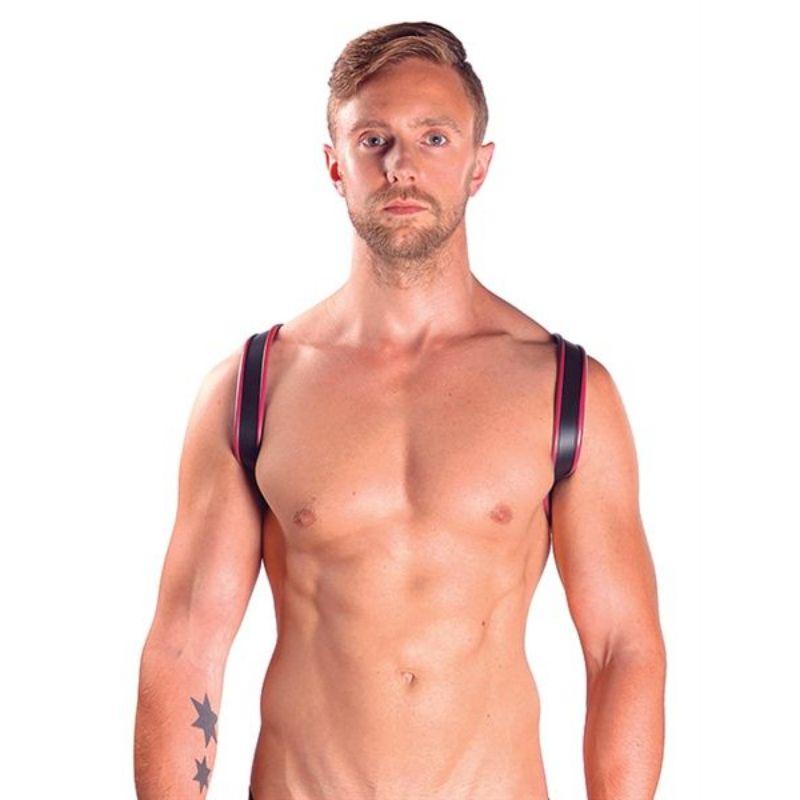Mr. B Leather Sling Chest Harness - Red and Black - Fetishwear and Lingerie