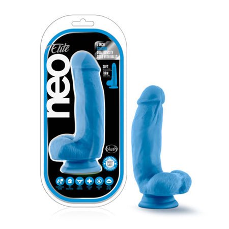 Neo Elite 7 Inch Silicone Dual Density Dildo with Balls - Neon Blue - Sex Toys