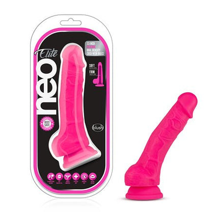 Neo Elite 7.5 Inch Silicone Dual Density Dildo with Balls - Neon Pink - Sex Toys