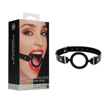 Ouch! Silicone Ring Gag With Leather Straps - Black - Kink Store