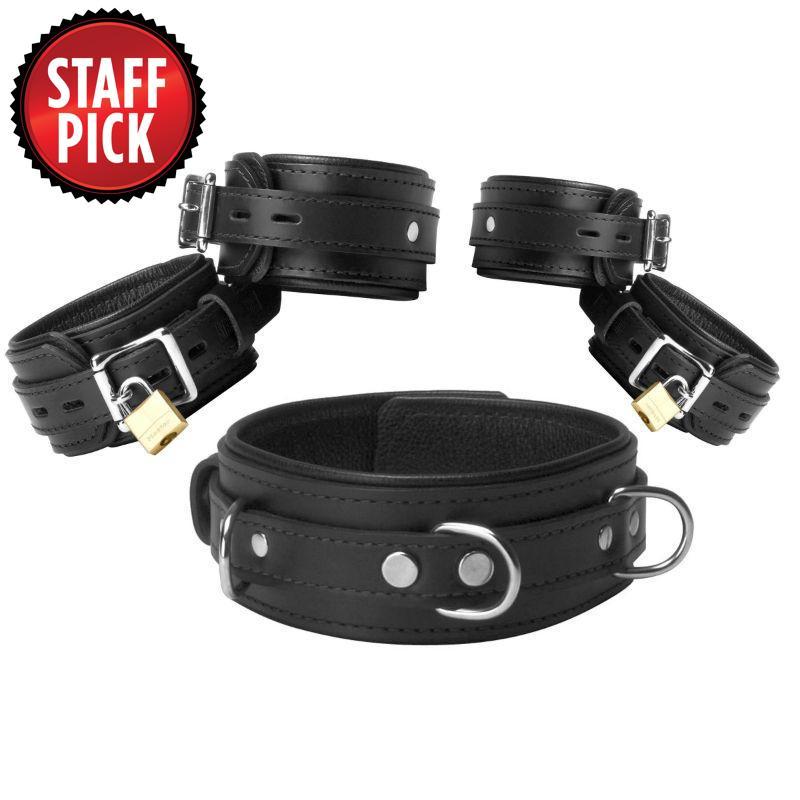 Premium Leather Cuffs and Collar Bondage Essentials Kit - Black - BDSM Gear