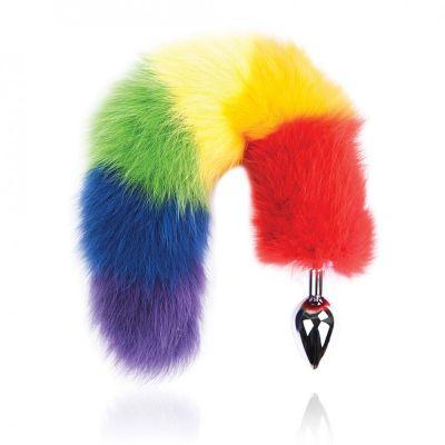 Rainbow Foxy Tail Fur Tail With Stainless Steel Butt Plug - Sex Toys