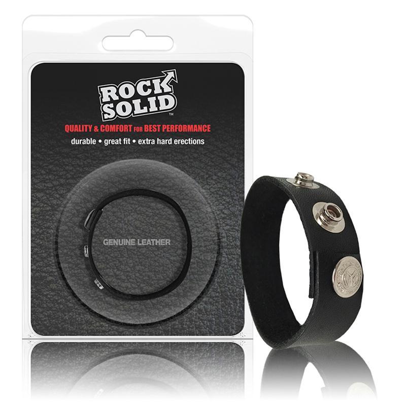 Rock Solid Adjustable Leather Cock Ring 3 Snaps - Black - Sex Toys