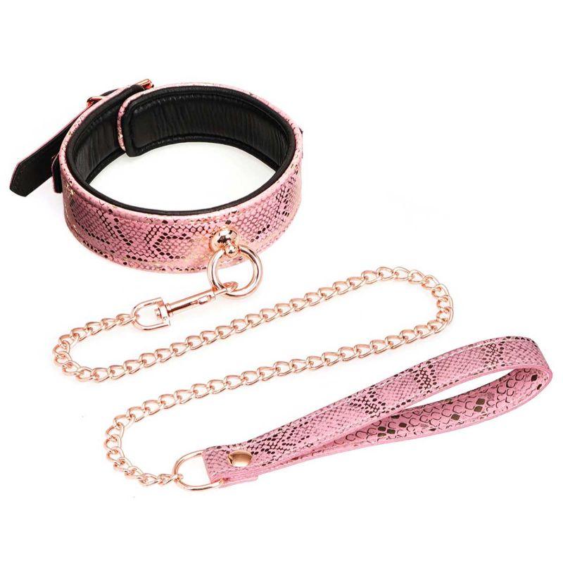 Spartacus Collar and Leash with Leather Lining - Pink Snakeskin and Rose Gold - Kink Store